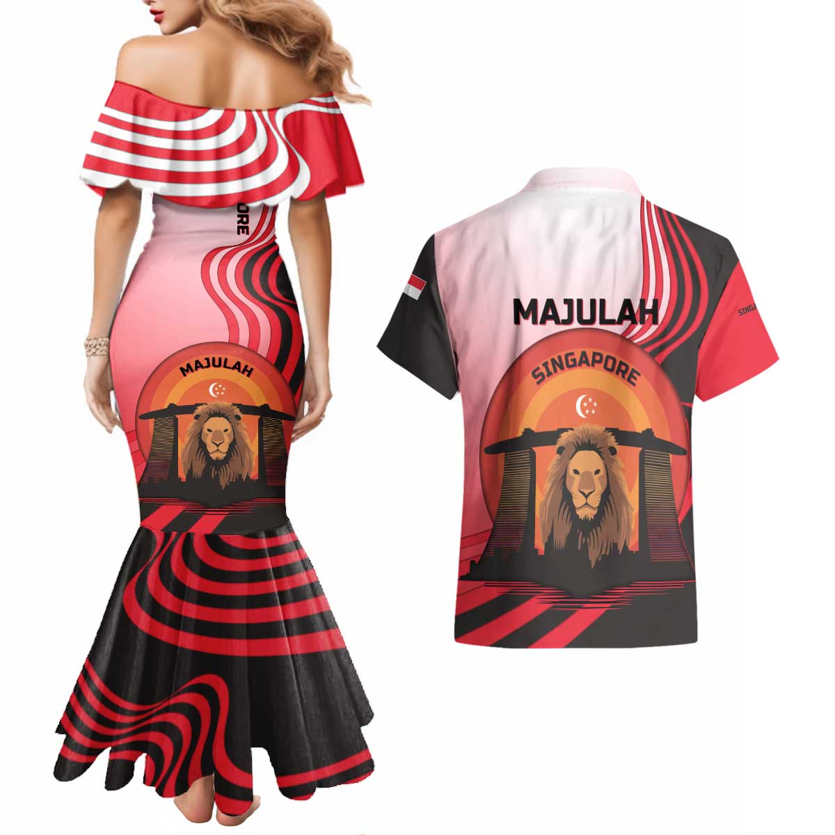 Singapore Lion Couples Matching Mermaid Dress and Hawaiian Shirt with Sunset Marina Bay Design and National Flag