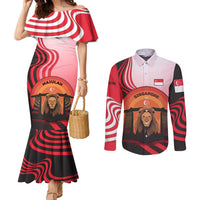 Singapore Lion Couples Matching Mermaid Dress and Long Sleeve Button Shirt with Sunset Marina Bay Design and National Flag