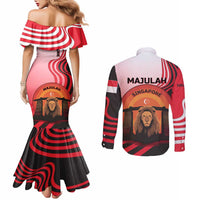 Singapore Lion Couples Matching Mermaid Dress and Long Sleeve Button Shirt with Sunset Marina Bay Design and National Flag