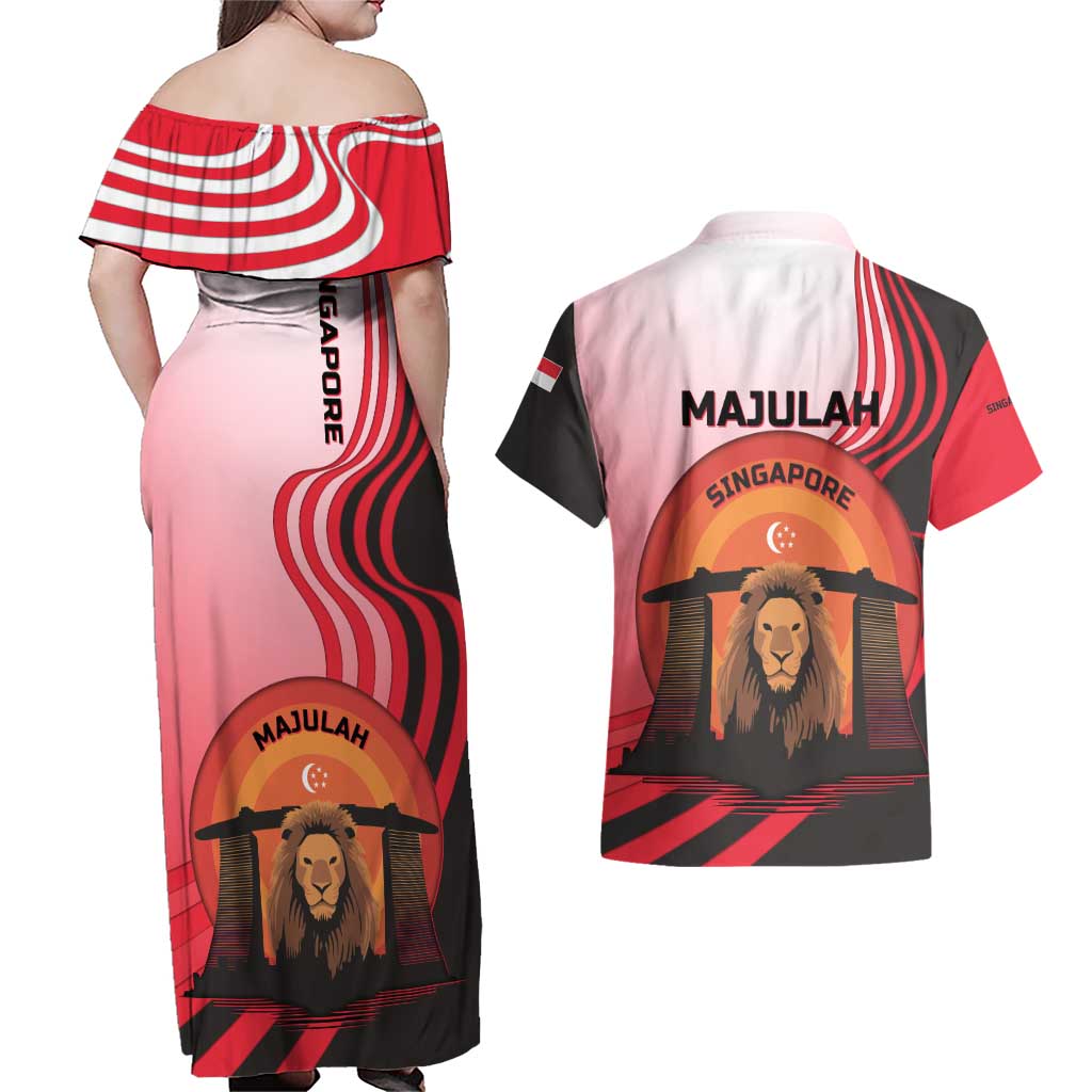 Singapore Lion Couples Matching Off Shoulder Maxi Dress and Hawaiian Shirt with Sunset Marina Bay Design and National Flag