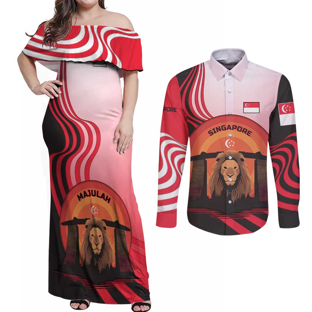 Singapore Lion Couples Matching Off Shoulder Maxi Dress and Long Sleeve Button Shirt with Sunset Marina Bay Design and National Flag