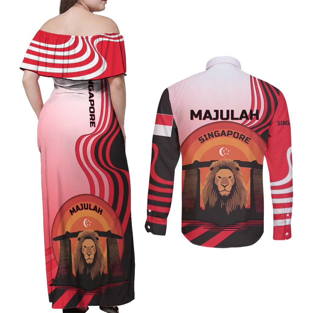 Singapore Lion Couples Matching Off Shoulder Maxi Dress and Long Sleeve Button Shirt with Sunset Marina Bay Design and National Flag