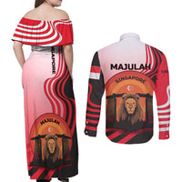 Singapore Lion Couples Matching Off Shoulder Maxi Dress and Long Sleeve Button Shirt with Sunset Marina Bay Design and National Flag