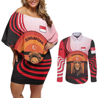 Singapore Lion Couples Matching Off Shoulder Short Dress and Long Sleeve Button Shirt with Sunset Marina Bay Design and National Flag