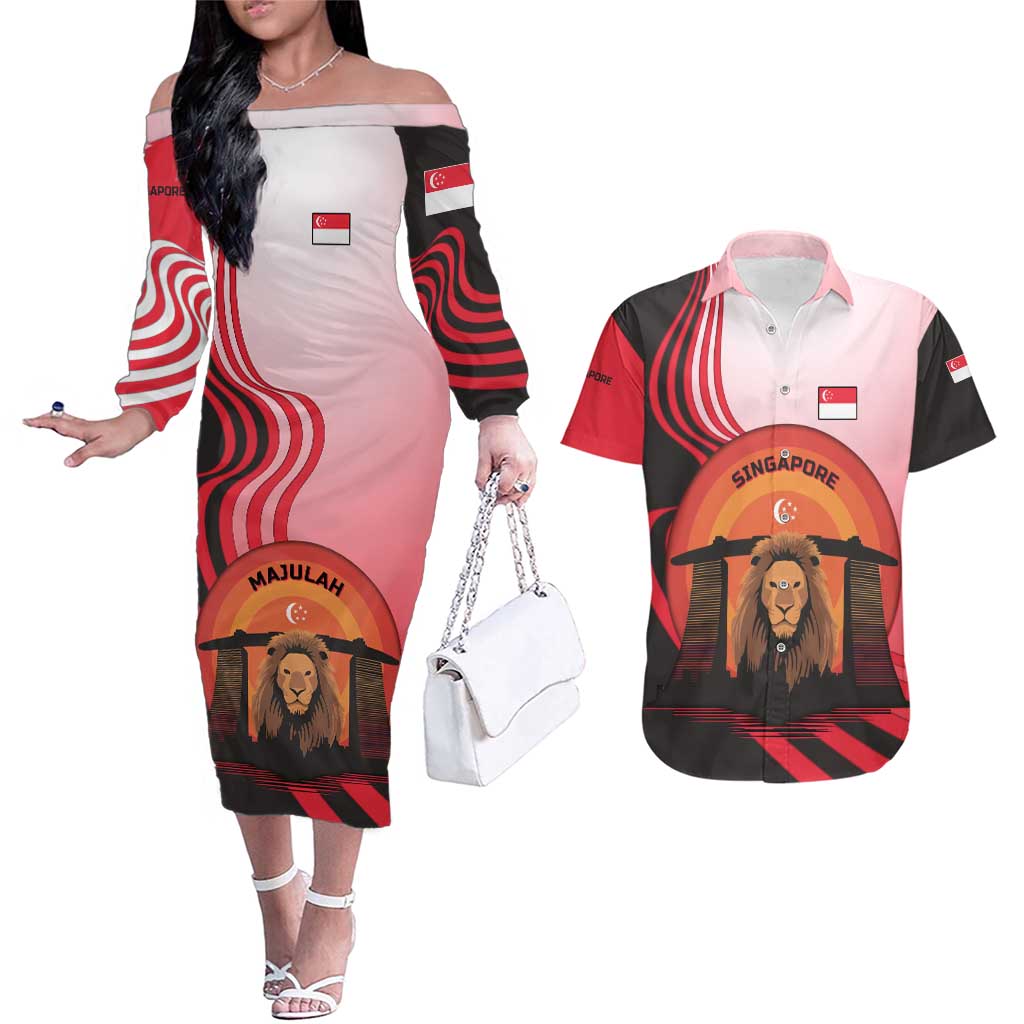 Singapore Lion Couples Matching Off The Shoulder Long Sleeve Dress and Hawaiian Shirt with Sunset Marina Bay Design and National Flag