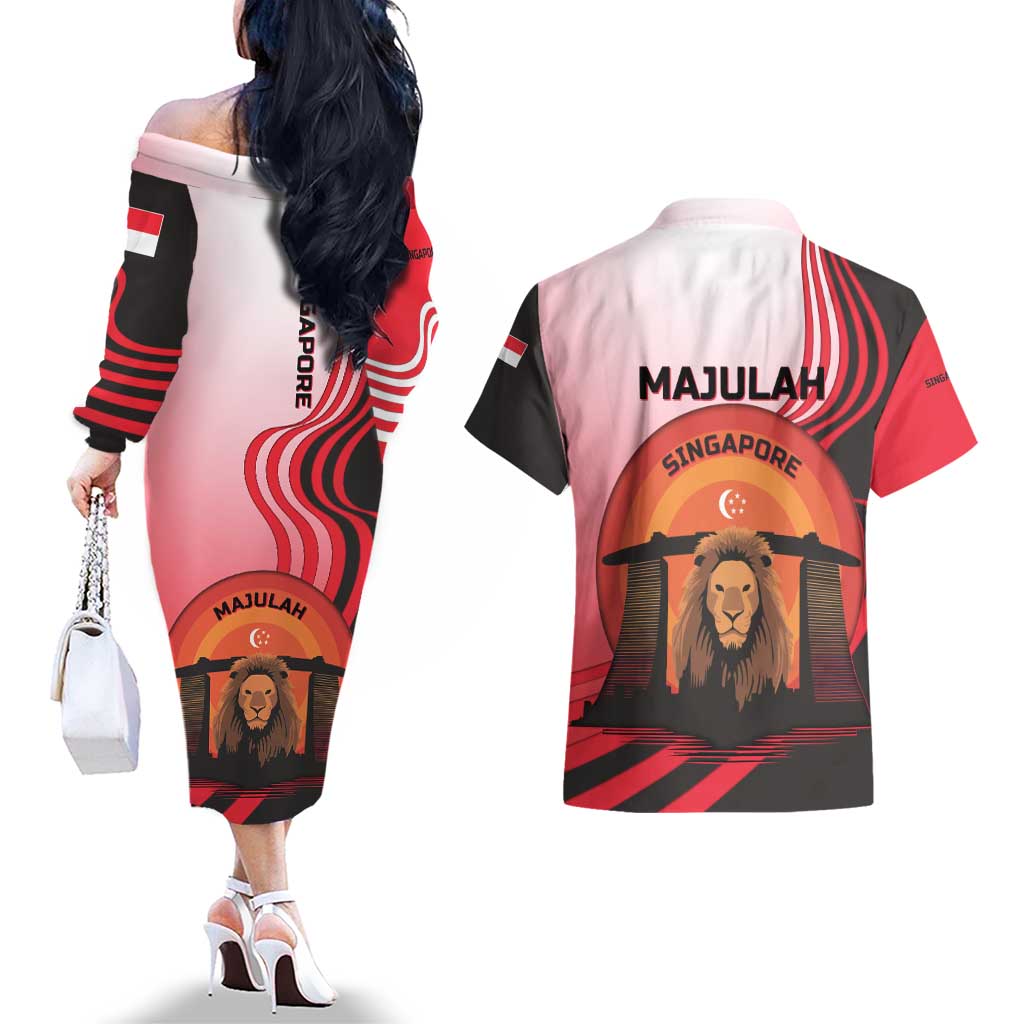 Singapore Lion Couples Matching Off The Shoulder Long Sleeve Dress and Hawaiian Shirt with Sunset Marina Bay Design and National Flag