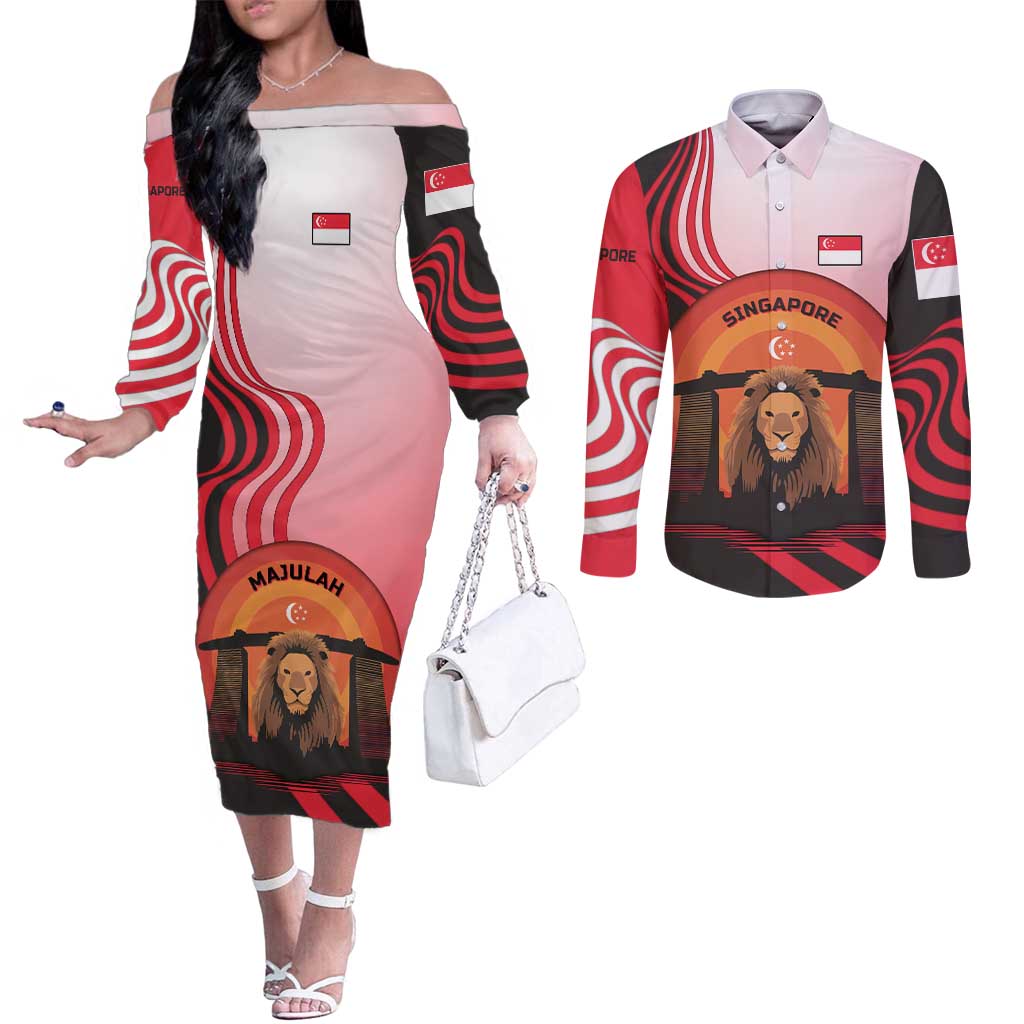 Singapore Lion Couples Matching Off The Shoulder Long Sleeve Dress and Long Sleeve Button Shirt with Sunset Marina Bay Design and National Flag