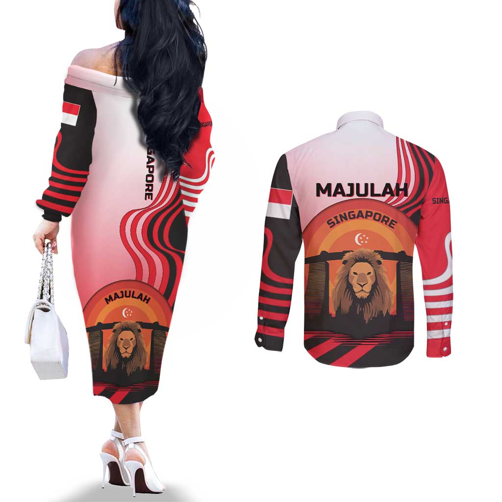 Singapore Lion Couples Matching Off The Shoulder Long Sleeve Dress and Long Sleeve Button Shirt with Sunset Marina Bay Design and National Flag