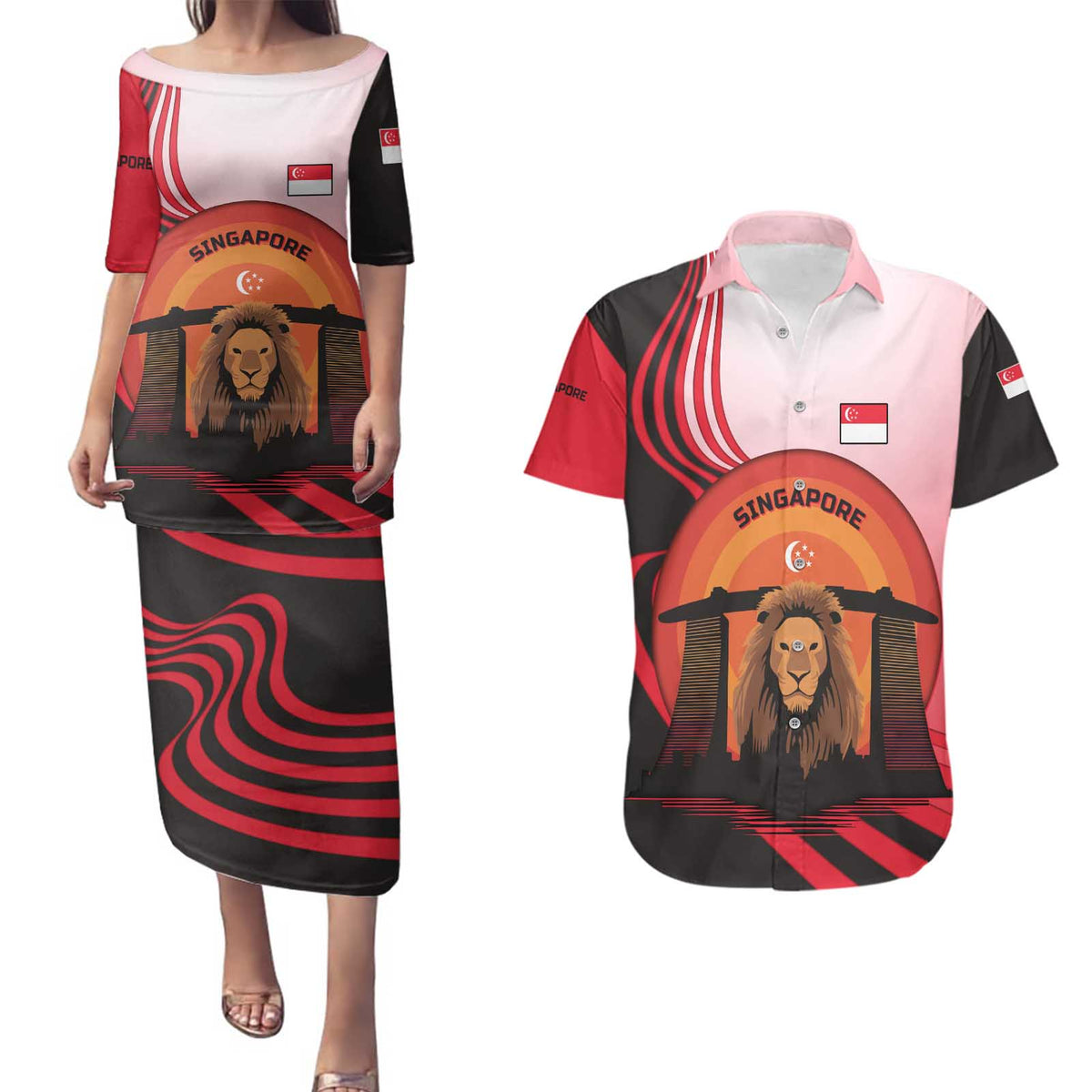 Singapore Lion Couples Matching Puletasi and Hawaiian Shirt with Sunset Marina Bay Design and National Flag