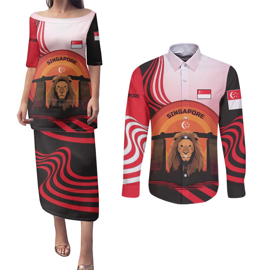 Singapore Lion Couples Matching Puletasi and Long Sleeve Button Shirt with Sunset Marina Bay Design and National Flag
