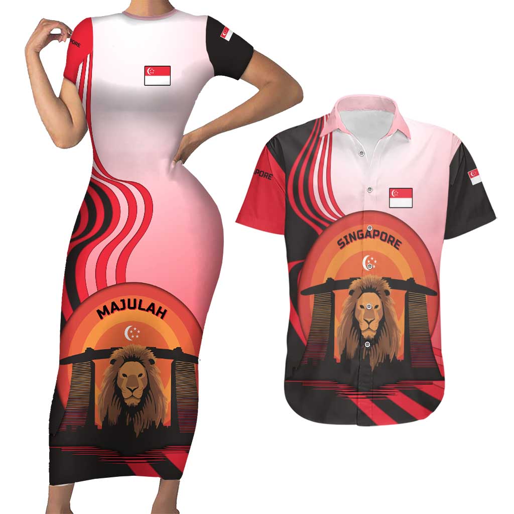 Singapore Lion Couples Matching Short Sleeve Bodycon Dress and Hawaiian Shirt with Sunset Marina Bay Design and National Flag