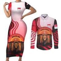 Singapore Lion Couples Matching Short Sleeve Bodycon Dress and Long Sleeve Button Shirt with Sunset Marina Bay Design and National Flag