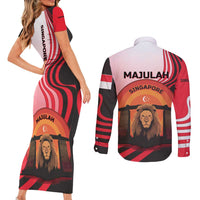 Singapore Lion Couples Matching Short Sleeve Bodycon Dress and Long Sleeve Button Shirt with Sunset Marina Bay Design and National Flag