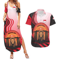 Singapore Lion Couples Matching Summer Maxi Dress and Hawaiian Shirt with Sunset Marina Bay Design and National Flag