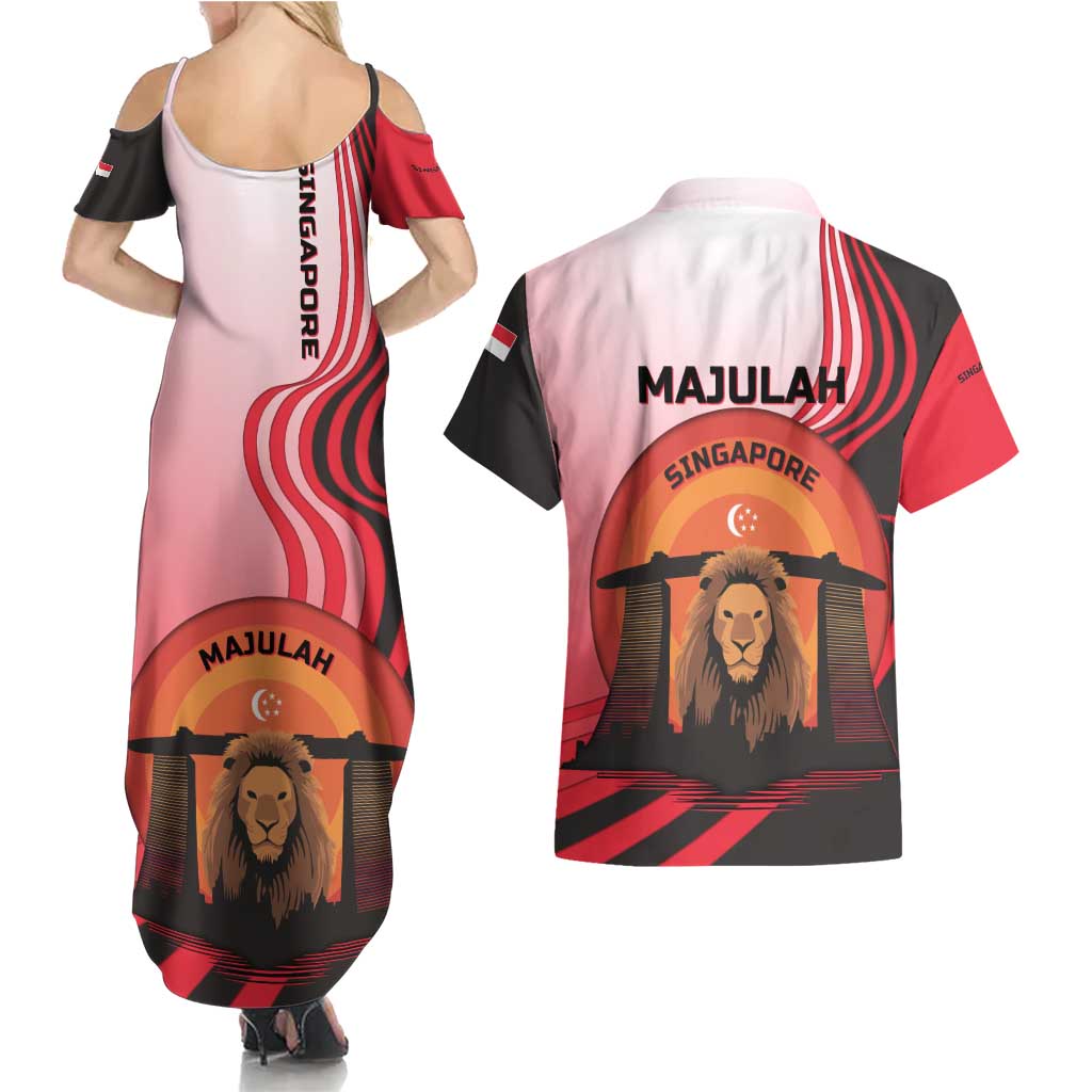 Singapore Lion Couples Matching Summer Maxi Dress and Hawaiian Shirt with Sunset Marina Bay Design and National Flag