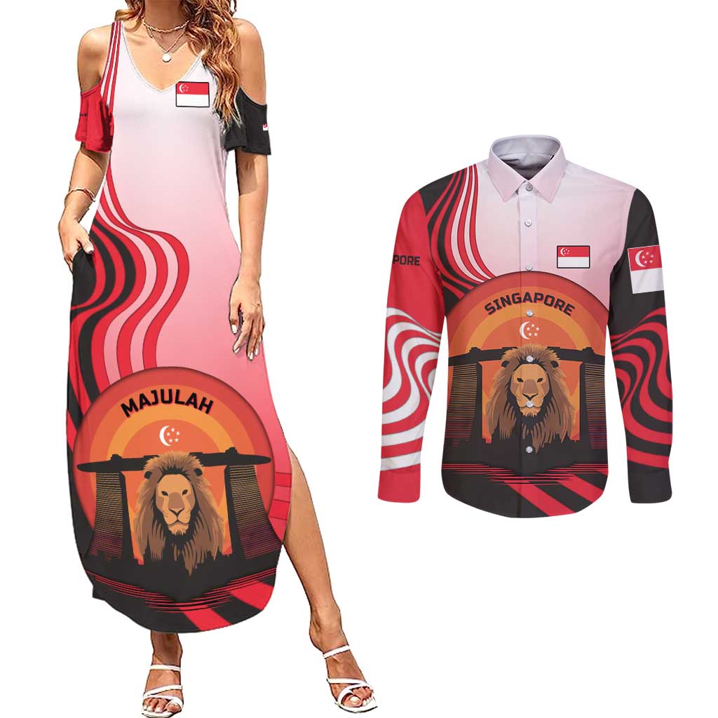 Singapore Lion Couples Matching Summer Maxi Dress and Long Sleeve Button Shirt with Sunset Marina Bay Design and National Flag