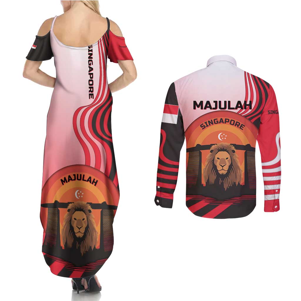 Singapore Lion Couples Matching Summer Maxi Dress and Long Sleeve Button Shirt with Sunset Marina Bay Design and National Flag