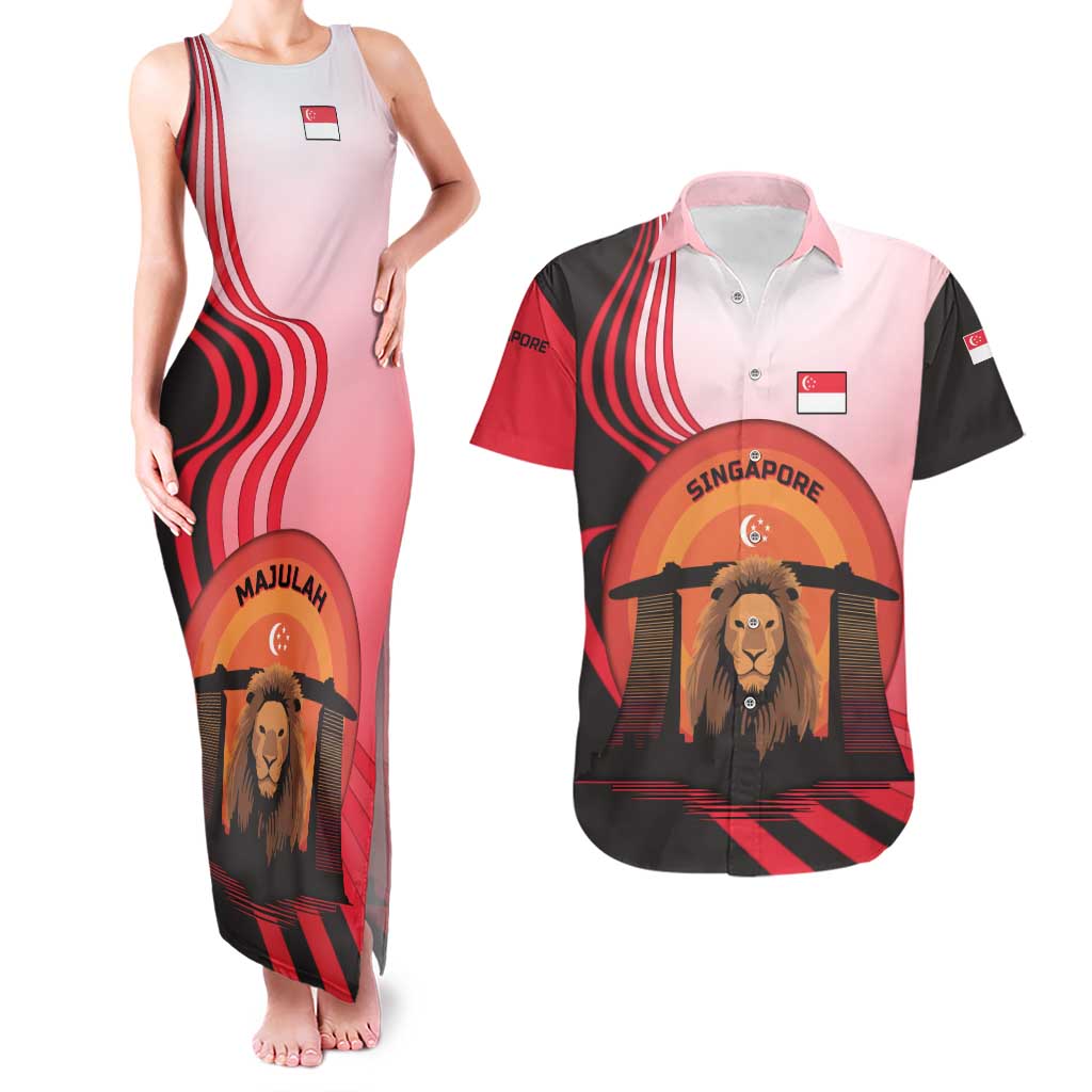 Singapore Lion Couples Matching Tank Maxi Dress and Hawaiian Shirt with Sunset Marina Bay Design and National Flag