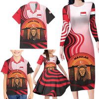 Singapore Lion Family Matching Long Sleeve Bodycon Dress and Hawaiian Shirt with Sunset Marina Bay Design and National Flag