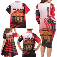 Singapore Lion Family Matching Long Sleeve Bodycon Dress and Hawaiian Shirt with Sunset Marina Bay Design and National Flag