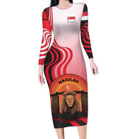 Singapore Lion Family Matching Long Sleeve Bodycon Dress and Hawaiian Shirt with Sunset Marina Bay Design and National Flag
