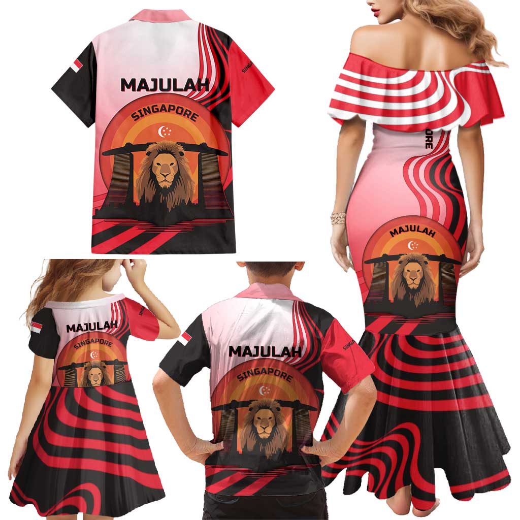 Singapore Lion Family Matching Mermaid Dress and Hawaiian Shirt with Sunset Marina Bay Design and National Flag