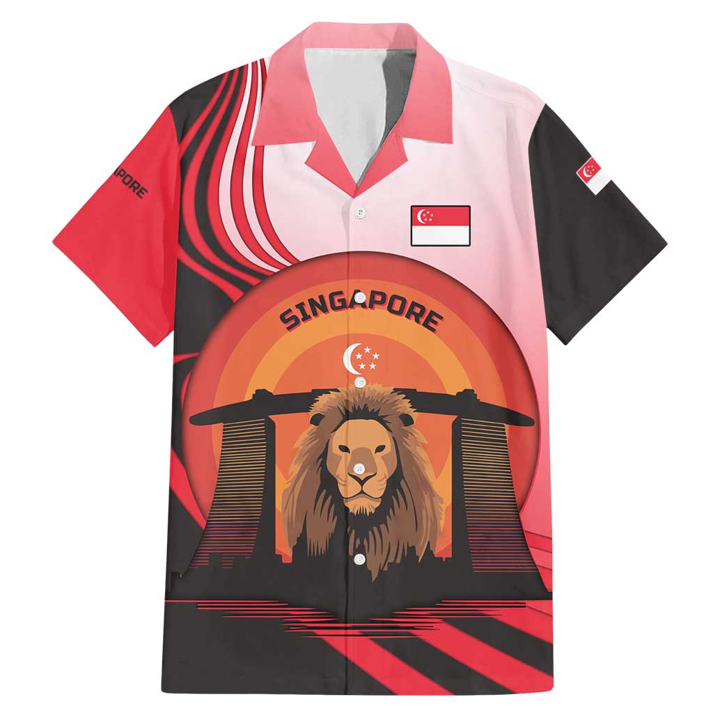 Singapore Lion Family Matching Mermaid Dress and Hawaiian Shirt with Sunset Marina Bay Design and National Flag