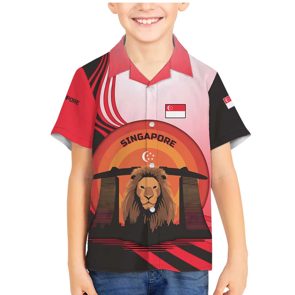 Singapore Lion Family Matching Mermaid Dress and Hawaiian Shirt with Sunset Marina Bay Design and National Flag