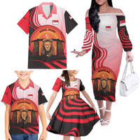 Singapore Lion Family Matching Off The Shoulder Long Sleeve Dress and Hawaiian Shirt with Sunset Marina Bay Design and National Flag