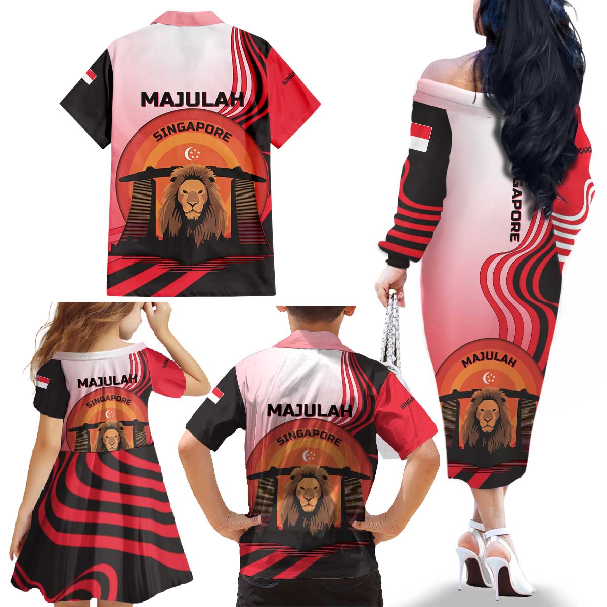 Singapore Lion Family Matching Off The Shoulder Long Sleeve Dress and Hawaiian Shirt with Sunset Marina Bay Design and National Flag