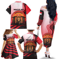 Singapore Lion Family Matching Off The Shoulder Long Sleeve Dress and Hawaiian Shirt with Sunset Marina Bay Design and National Flag