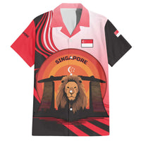 Singapore Lion Family Matching Off The Shoulder Long Sleeve Dress and Hawaiian Shirt with Sunset Marina Bay Design and National Flag