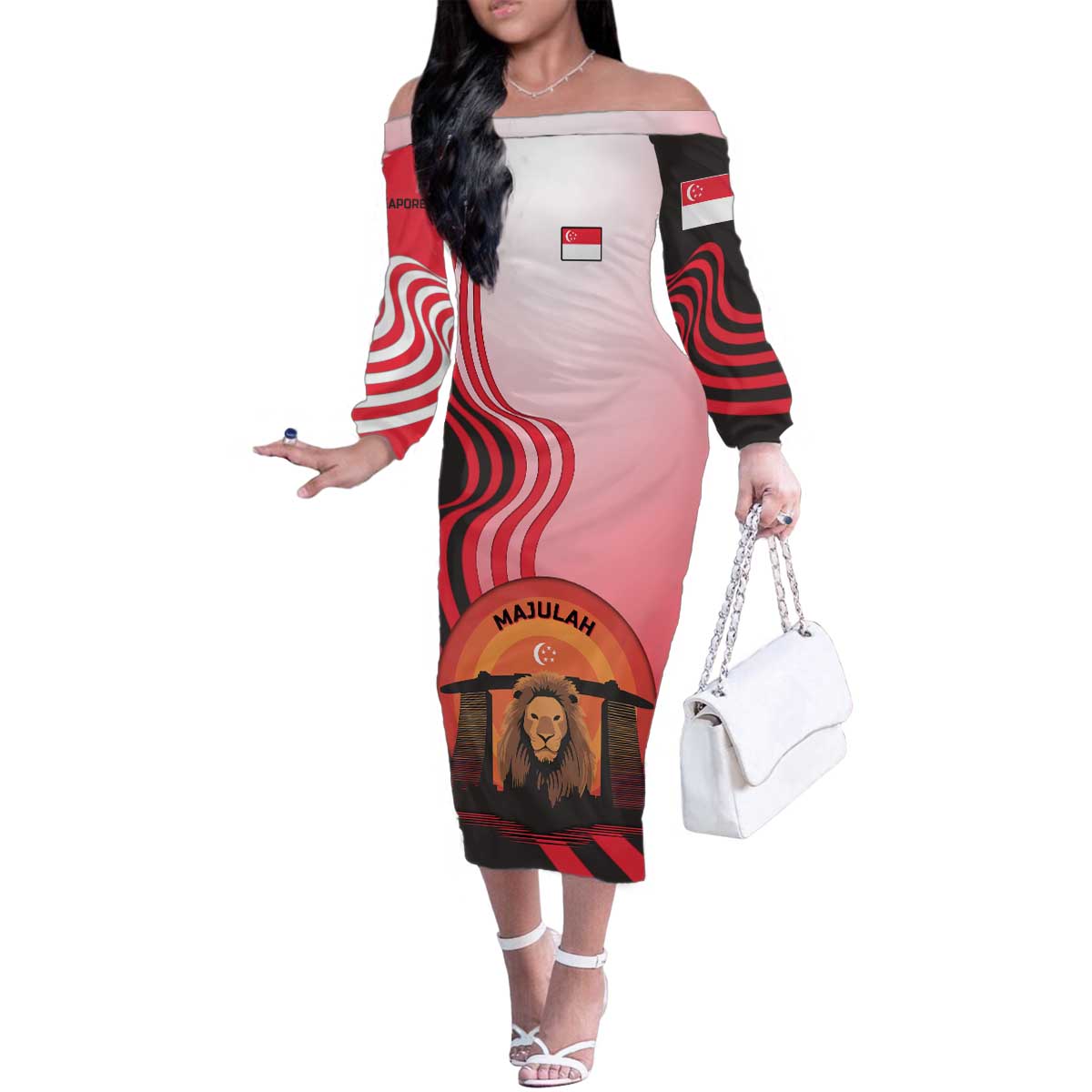 Singapore Lion Family Matching Off The Shoulder Long Sleeve Dress and Hawaiian Shirt with Sunset Marina Bay Design and National Flag