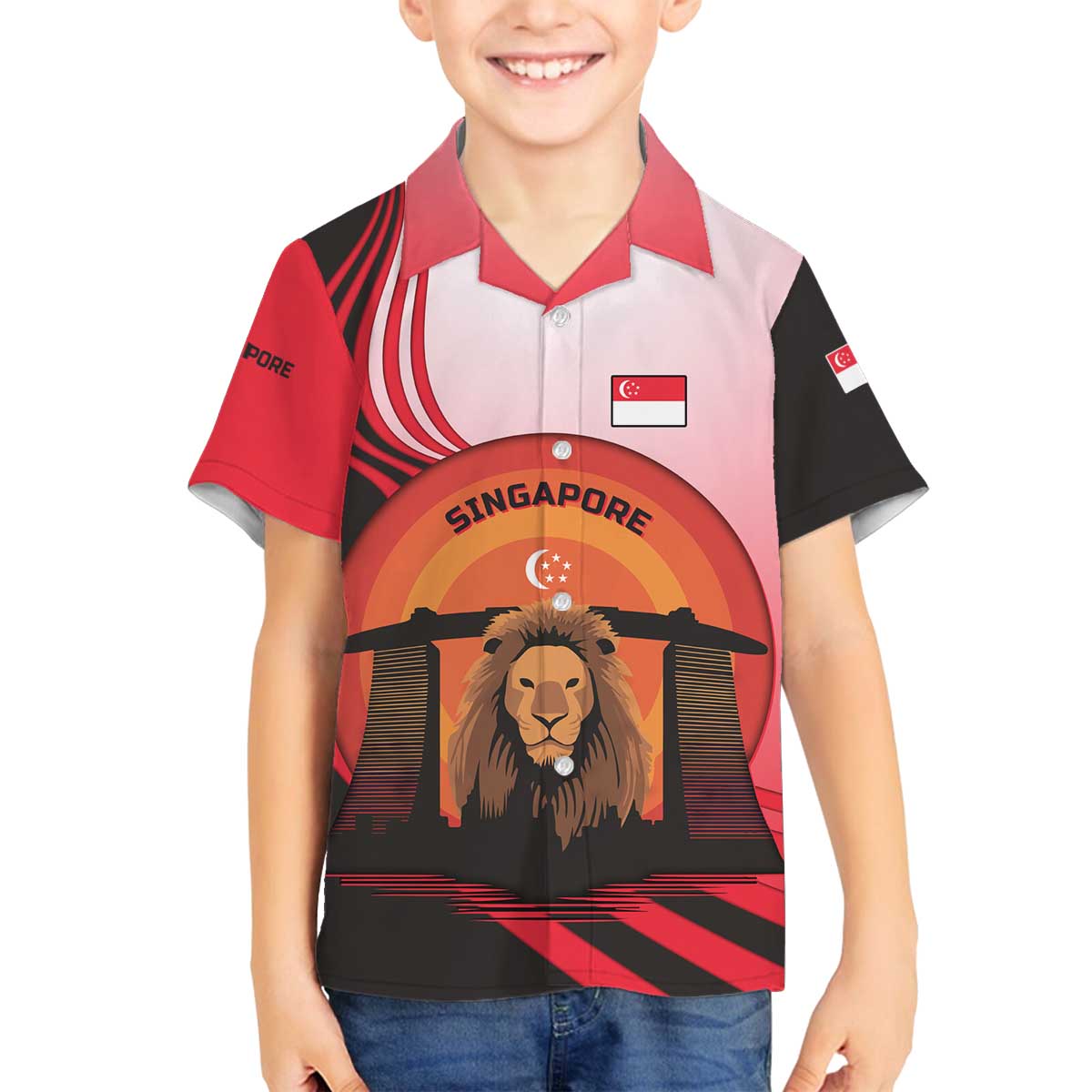 Singapore Lion Family Matching Off The Shoulder Long Sleeve Dress and Hawaiian Shirt with Sunset Marina Bay Design and National Flag