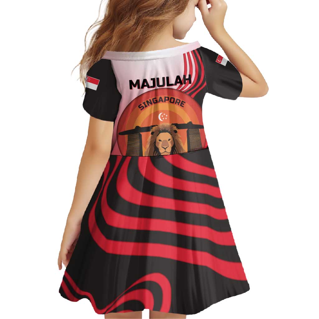 Singapore Lion Family Matching Off Shoulder Maxi Dress and Hawaiian Shirt with Sunset Marina Bay Design and National Flag