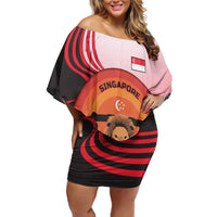 Singapore Lion Family Matching Off Shoulder Short Dress and Hawaiian Shirt with Sunset Marina Bay Design and National Flag