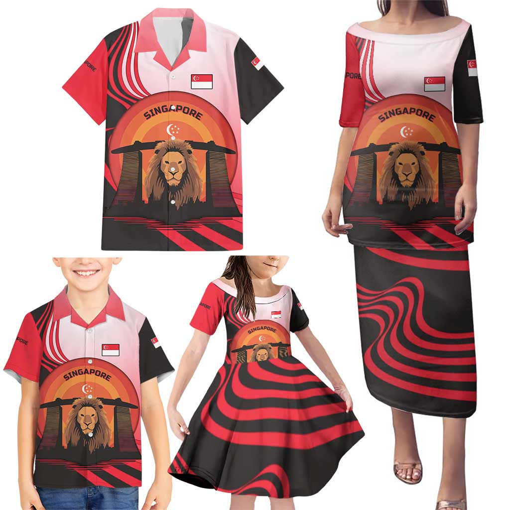 Singapore Lion Family Matching Puletasi and Hawaiian Shirt with Sunset Marina Bay Design and National Flag