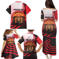 Singapore Lion Family Matching Puletasi and Hawaiian Shirt with Sunset Marina Bay Design and National Flag