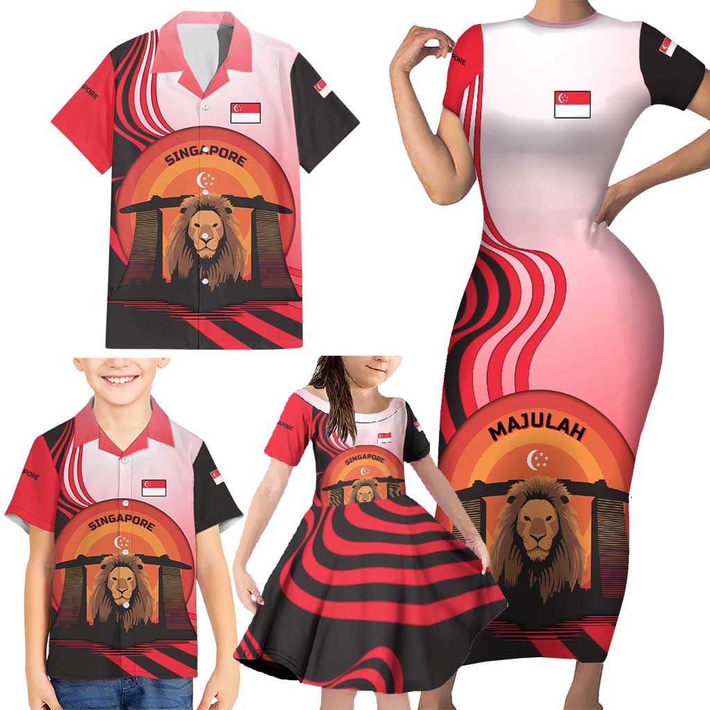 Singapore Lion Family Matching Short Sleeve Bodycon Dress and Hawaiian Shirt with Sunset Marina Bay Design and National Flag