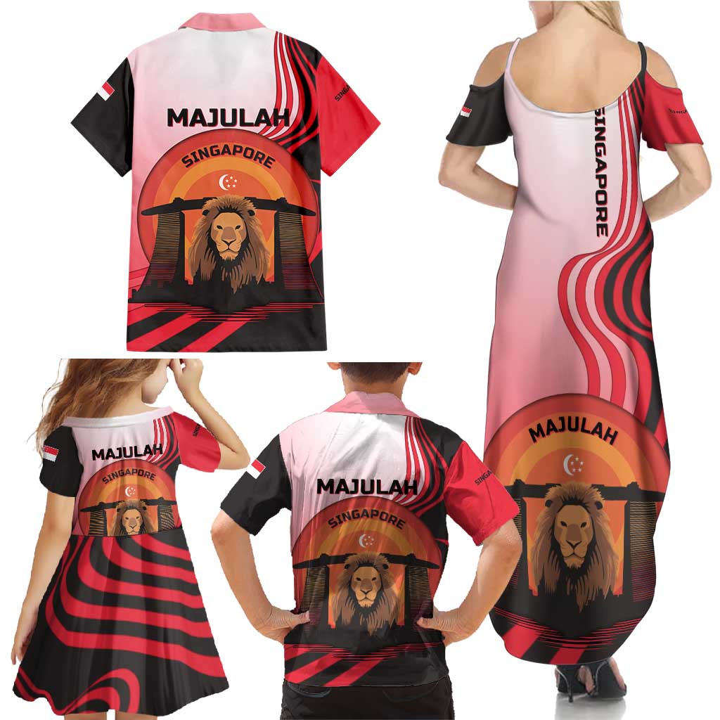 Singapore Lion Family Matching Summer Maxi Dress and Hawaiian Shirt with Sunset Marina Bay Design and National Flag