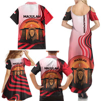 Singapore Lion Family Matching Summer Maxi Dress and Hawaiian Shirt with Sunset Marina Bay Design and National Flag