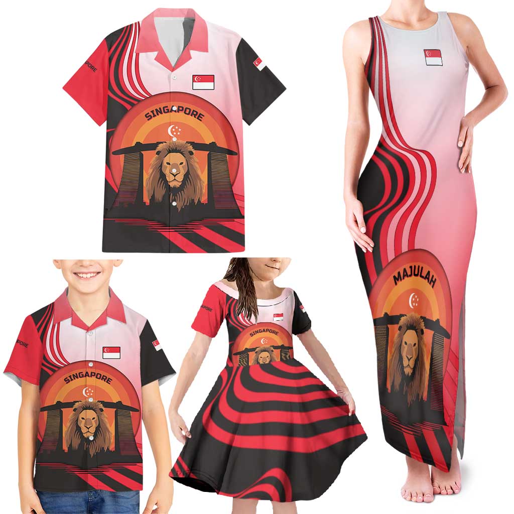 Singapore Lion Family Matching Tank Maxi Dress and Hawaiian Shirt with Sunset Marina Bay Design and National Flag