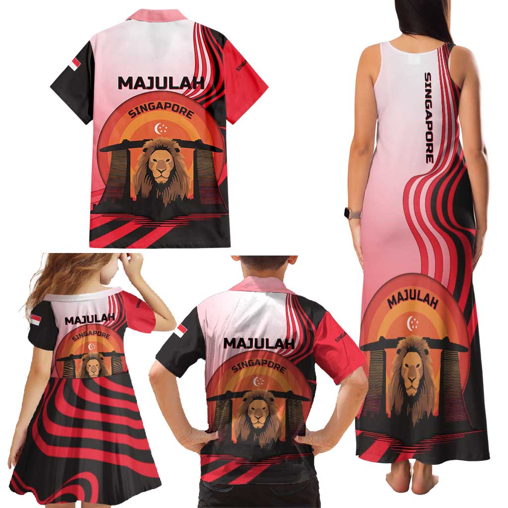 Singapore Lion Family Matching Tank Maxi Dress and Hawaiian Shirt with Sunset Marina Bay Design and National Flag