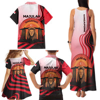 Singapore Lion Family Matching Tank Maxi Dress and Hawaiian Shirt with Sunset Marina Bay Design and National Flag