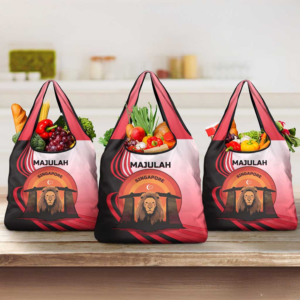 Singapore Lion Grocery Bag with Sunset Marina Bay Design and National Flag