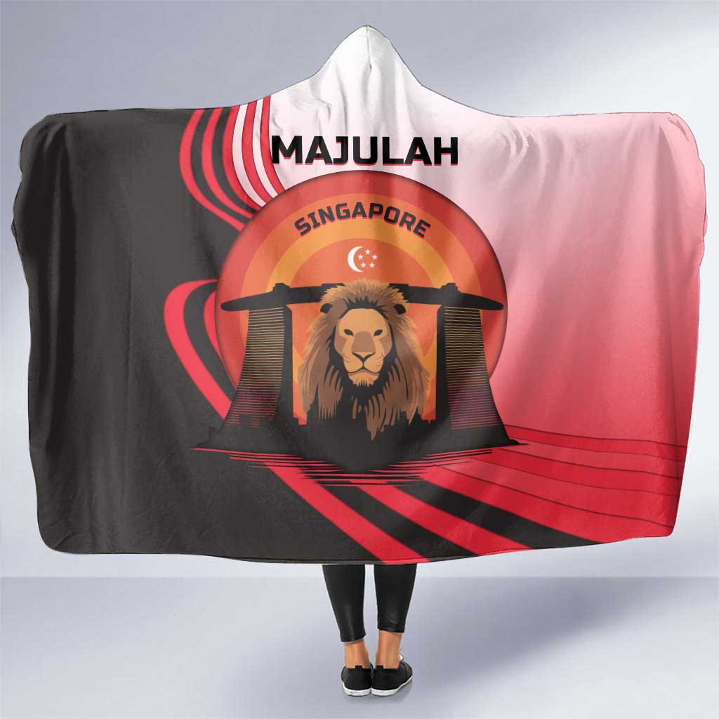 Singapore Lion Hooded Blanket with Sunset Marina Bay Design and National Flag