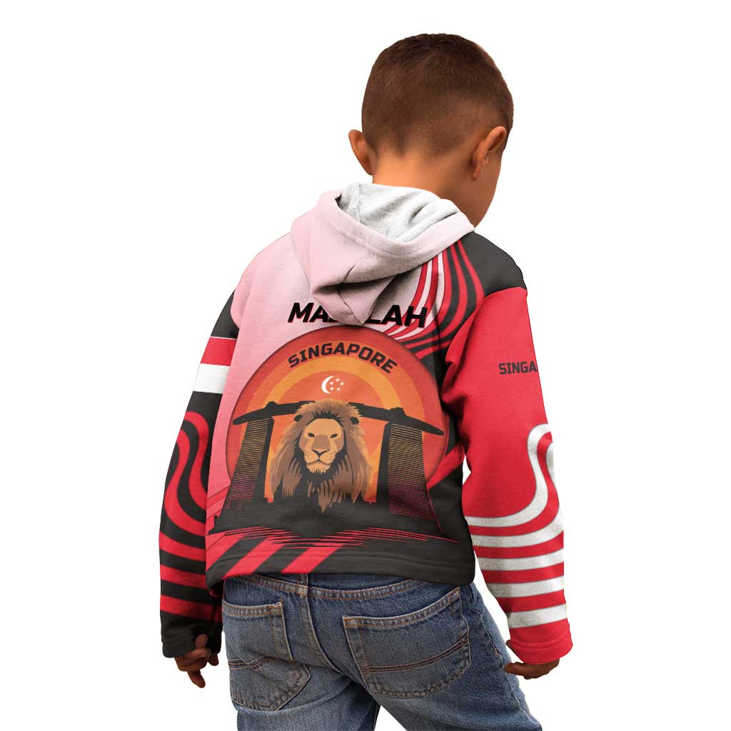 Singapore Lion Kid Hoodie with Sunset Marina Bay Design and National Flag