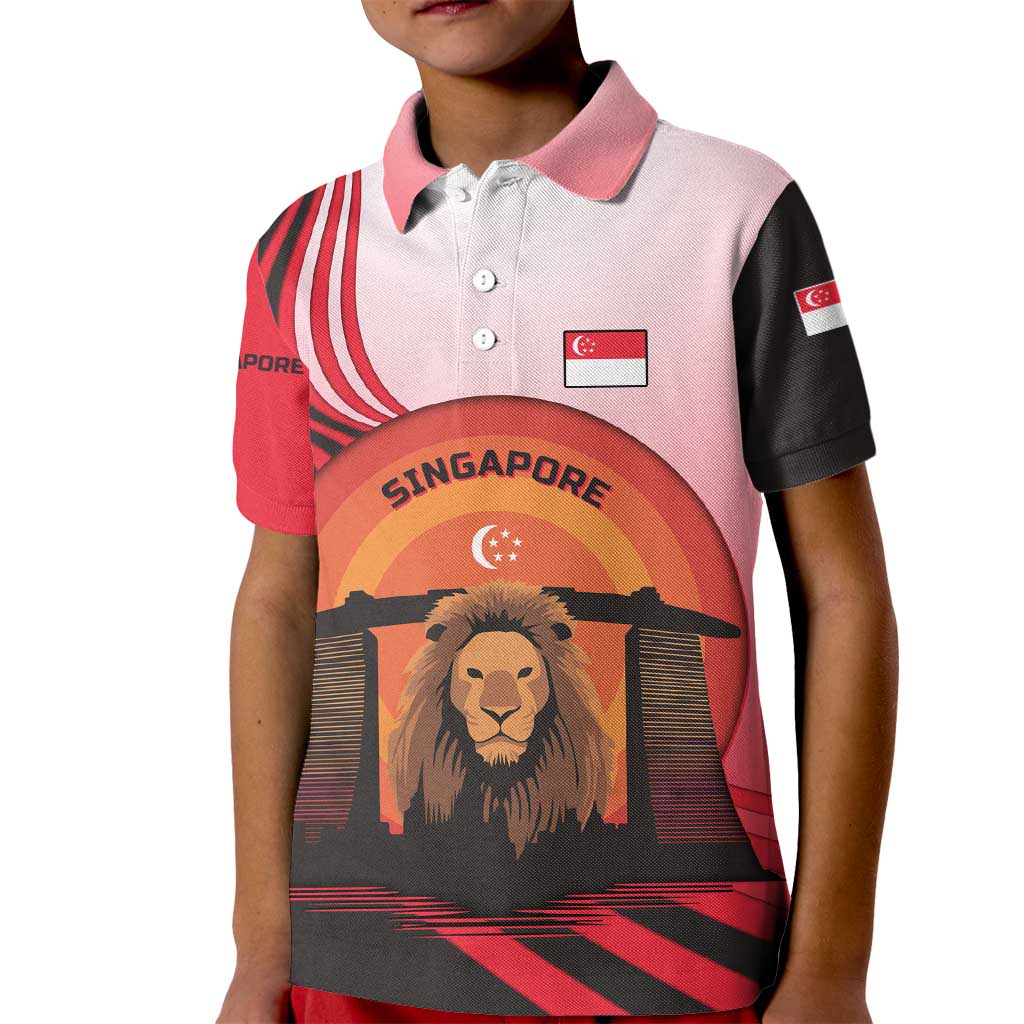 Singapore Lion Kid Polo Shirt with Sunset Marina Bay Design and National Flag
