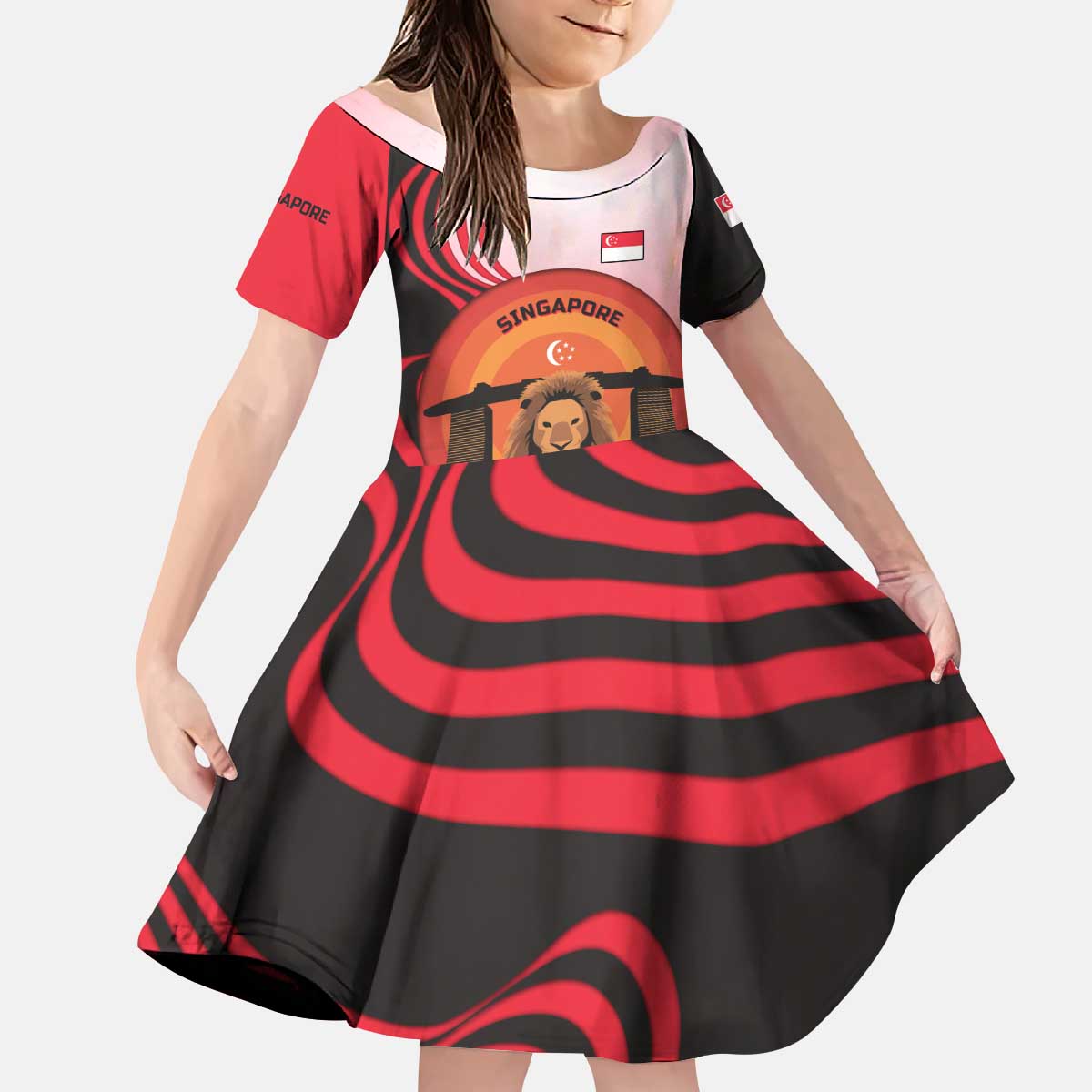 Singapore Lion Kid Short Sleeve Dress with Sunset Marina Bay Design and National Flag
