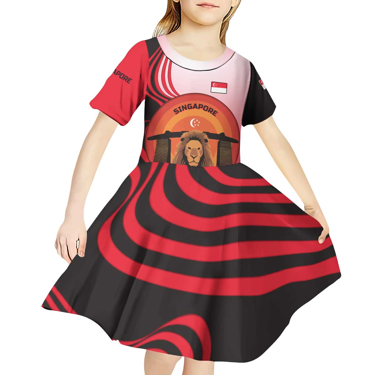 Singapore Lion Kid Short Sleeve Dress with Sunset Marina Bay Design and National Flag